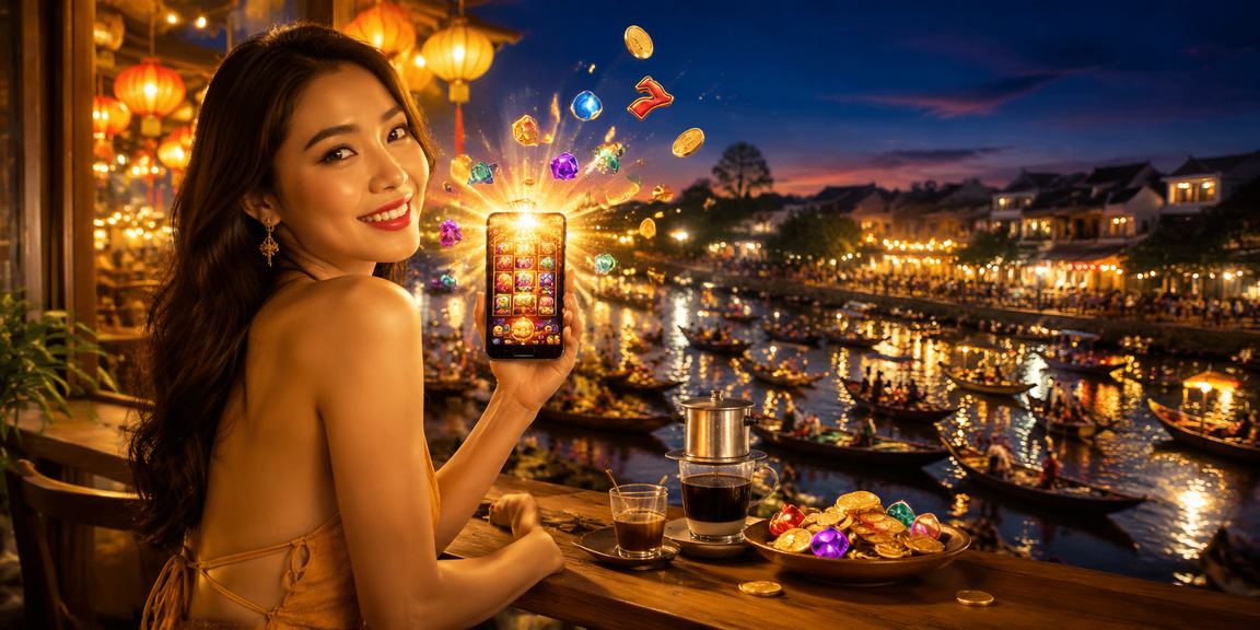 Người dùng Cần Thơ chơi slot game trong quán cà phê sông nước miền Tây